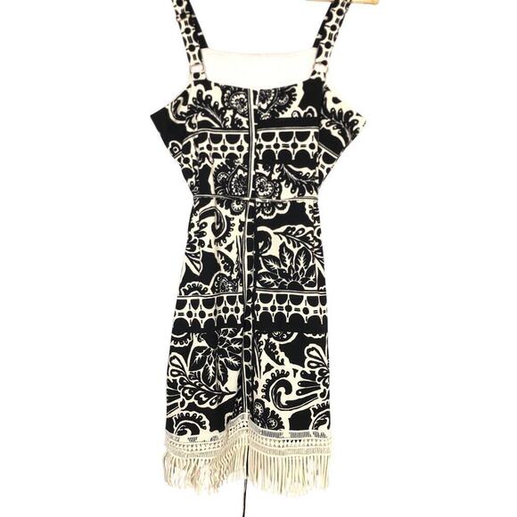 Tahari ASL Border Print Dress Sleeveless Fringe Trim Sheath Mini Black White 12 - Picture 5 of 9